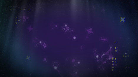 formas geométricas púrpuras y partículas flotando en la animación espacial