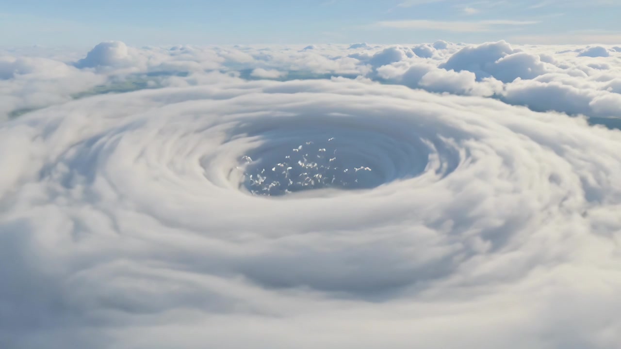 Kamera trækker sig tilbage og viser roterende skyhvirvel, der trækker hvide fugle fra et kernehulrum over bakker.