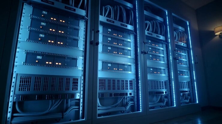 Panning camera revealing three server racks in data closet, showing blue LEDs and cables for checks