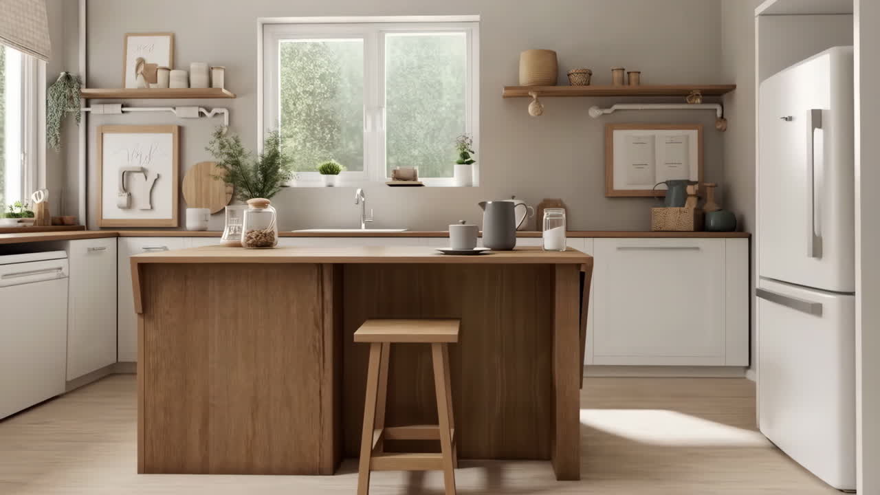 Modern Kitchen Interior with Wooden Island and White Cabinets
