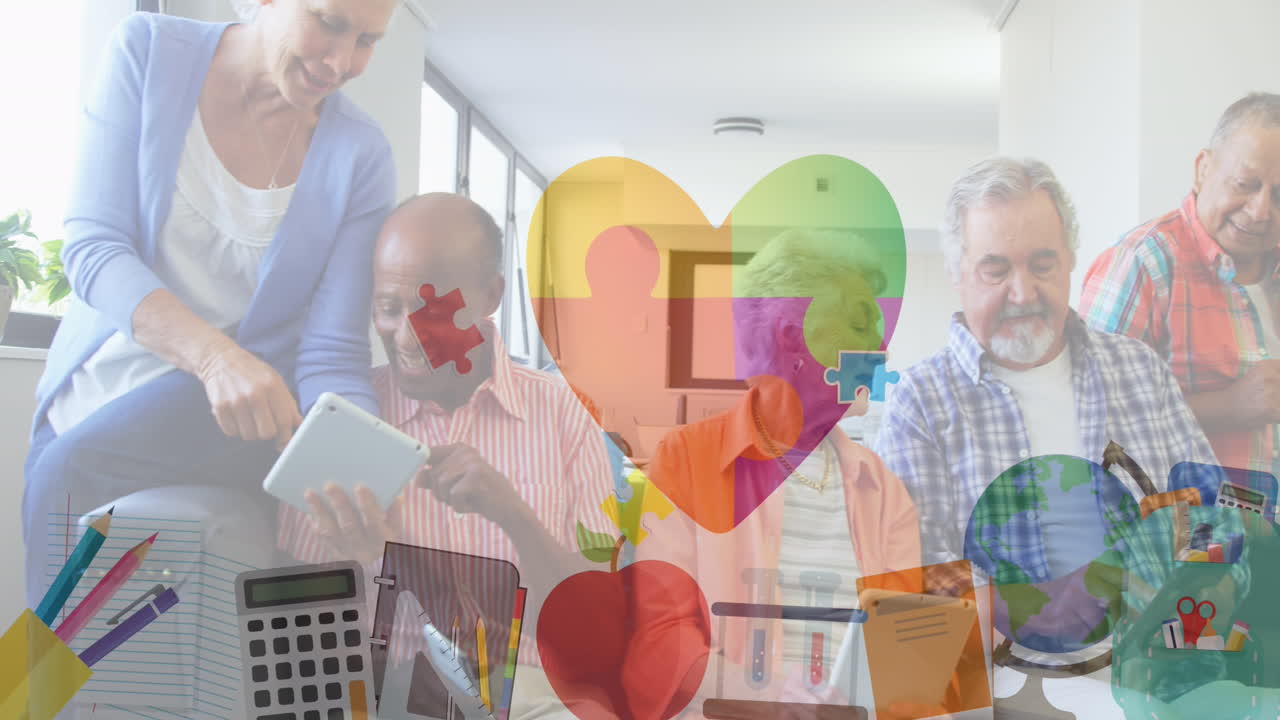 다채로운 퍼즐 조각의 애니메이션 하트 오버 시니어 친구 전자 장치를 사용하여