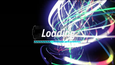 animation of loading text and digital data processing over light trails on black background