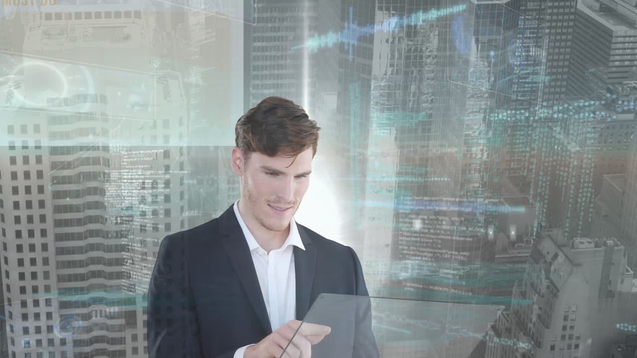 animación de un empresario caucásico sobre procesamiento de datos y paisaje urbano
