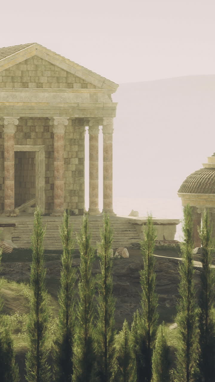 Ancient temple ruins on a hillside at sunset near delphi in greece