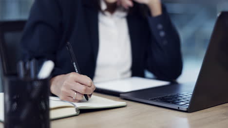 business woman, hands and writing in schedule