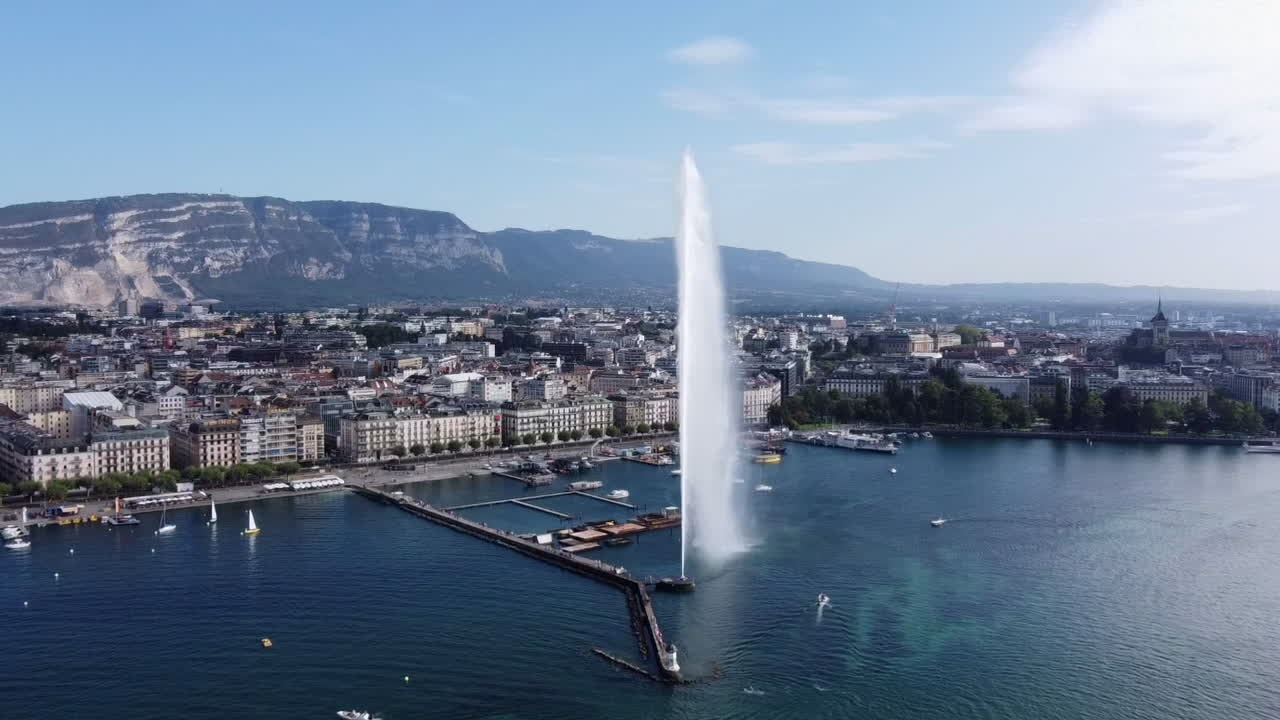 Aerial View Of The Geneva Water Fountain, Iconic Jet d'Eau In Geneva, Switzerland