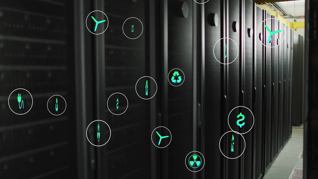 animación de iconos ecológicos y procesamiento de datos digitales a través de servidores informáticos