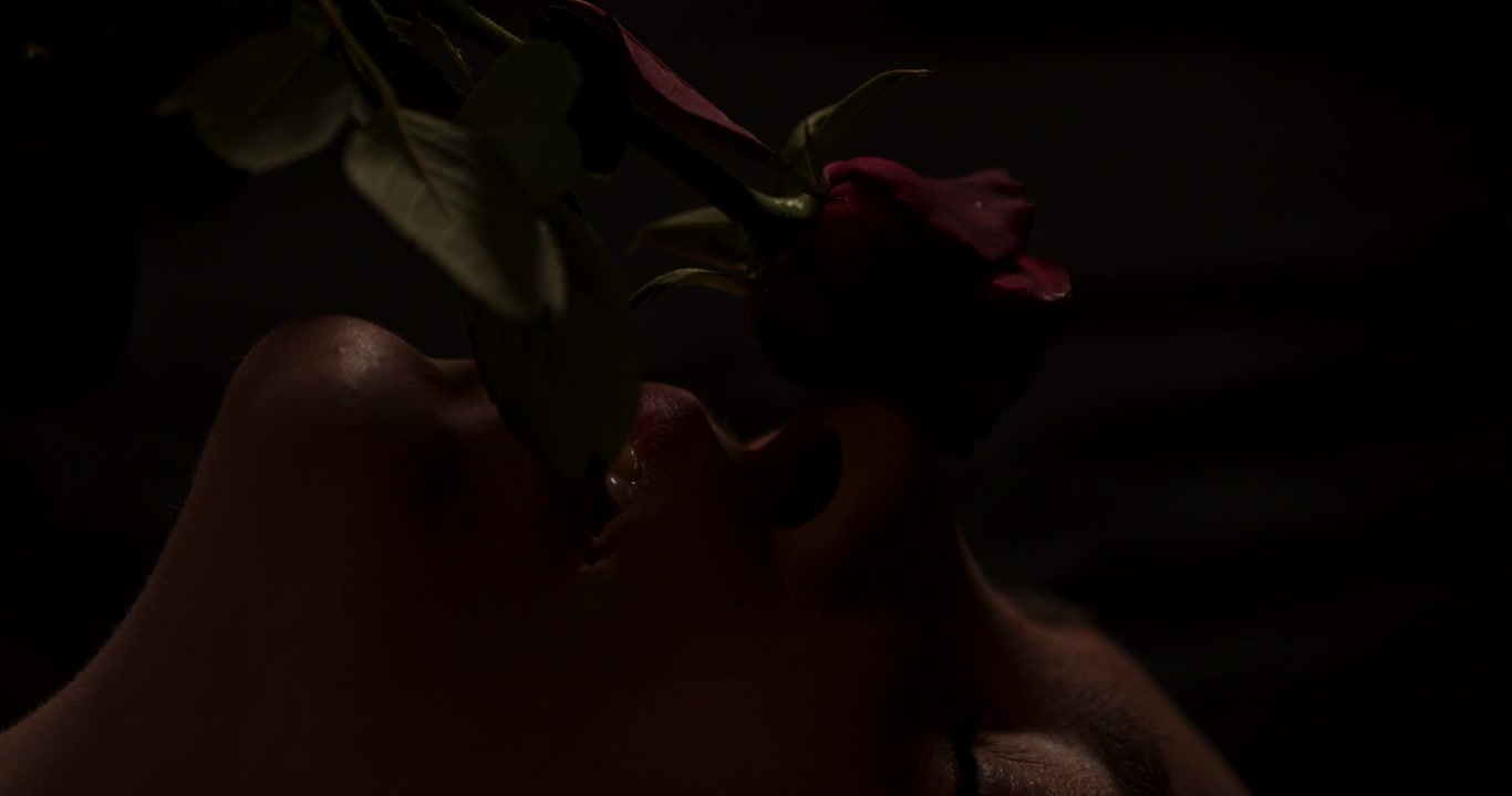Bellissimo primo piano di una rosa che accarezza delicatamente il viso di una donna attraente in una stanza buia.
