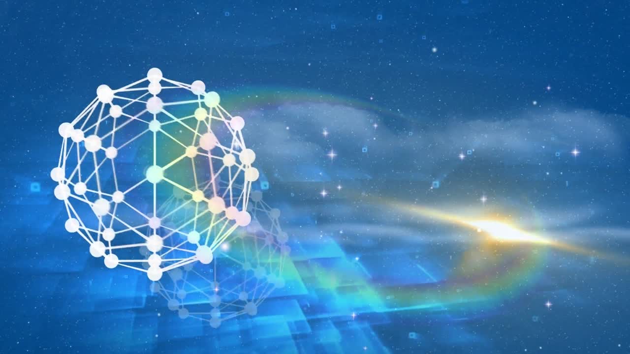 연결, 조명 및 파란색 배경으로 만들어진 지구의 비디오