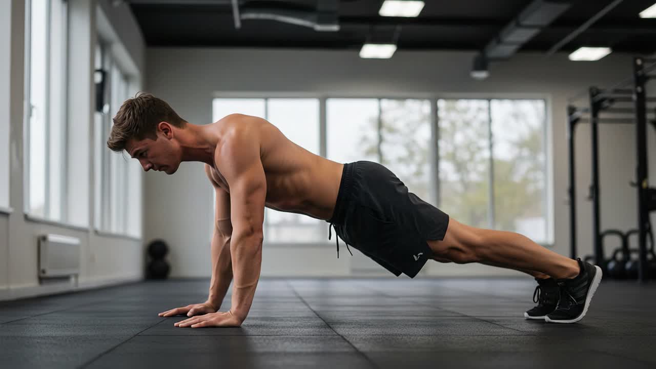 A committed athlete performing push-ups in a modern gym, demonstrating strength, endurance, and proper form in a well-lit environment