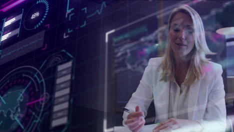 animation of data processing over caucasian businesswoman working in office