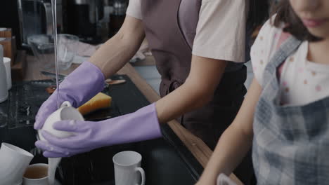 mother and daughter washing dishes