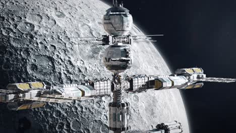 close establishing shot of a futuristic space station orbiting the moon