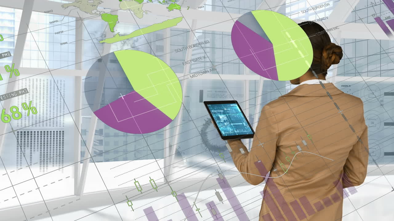 animación del procesamiento de datos estadísticos en vista trasera de una mujer de negocios que utiliza una tableta en la oficina