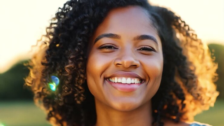 Retrato de uma mulher negra sorridente com cabelos encaracolados