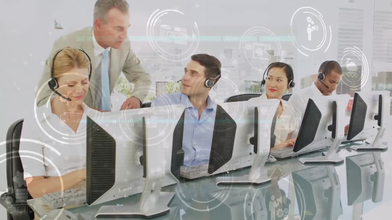 휴대폰 헤드 ⁇ 을 착용한 사람들 위에 소셜 미디어 아이콘의 애니메이션