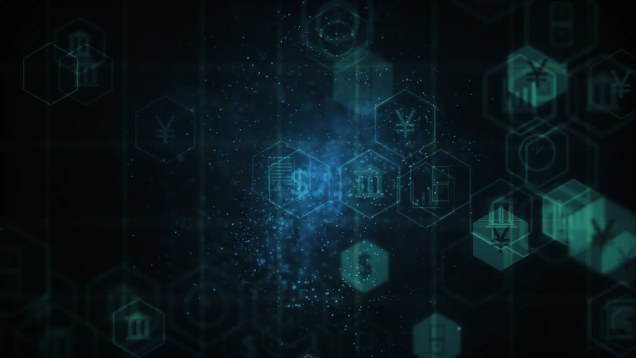 animación de partículas sin fisuras de 4k de íconos de negocios en el ciberespacio con un aspecto futurista