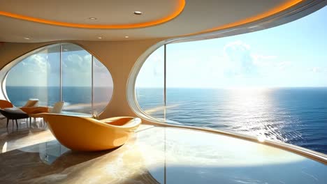 a living room with a view of the ocean from inside of a boat