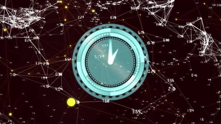Animation of clock moving over black background with constellations and numbers