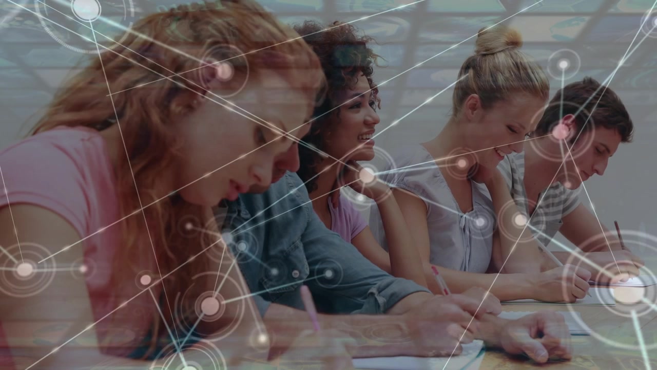 Diverse Students Studying Together in a Classroom with Digital Network Overlay