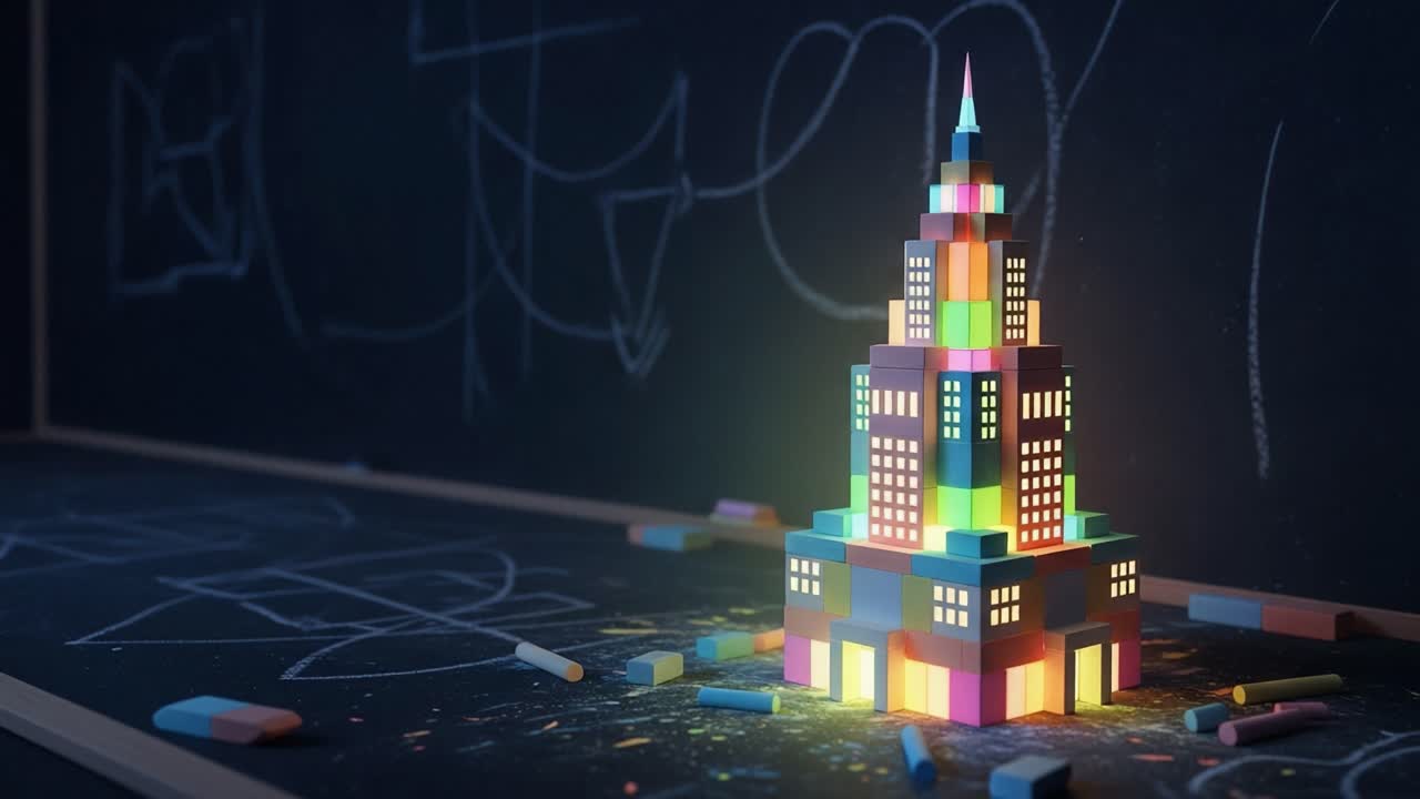 An Illuminated Geometric Structure Constructed from Colorful Blocks, Emitting Light Against a Backdrop of Childlike Chalk Drawings and Vibrant Artistic Expression