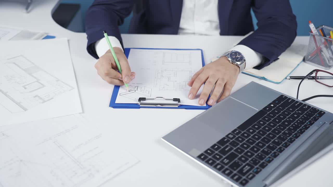 arquitecto masculino dibujando en proyectos en la oficina, trabajando en una computadora portátil.