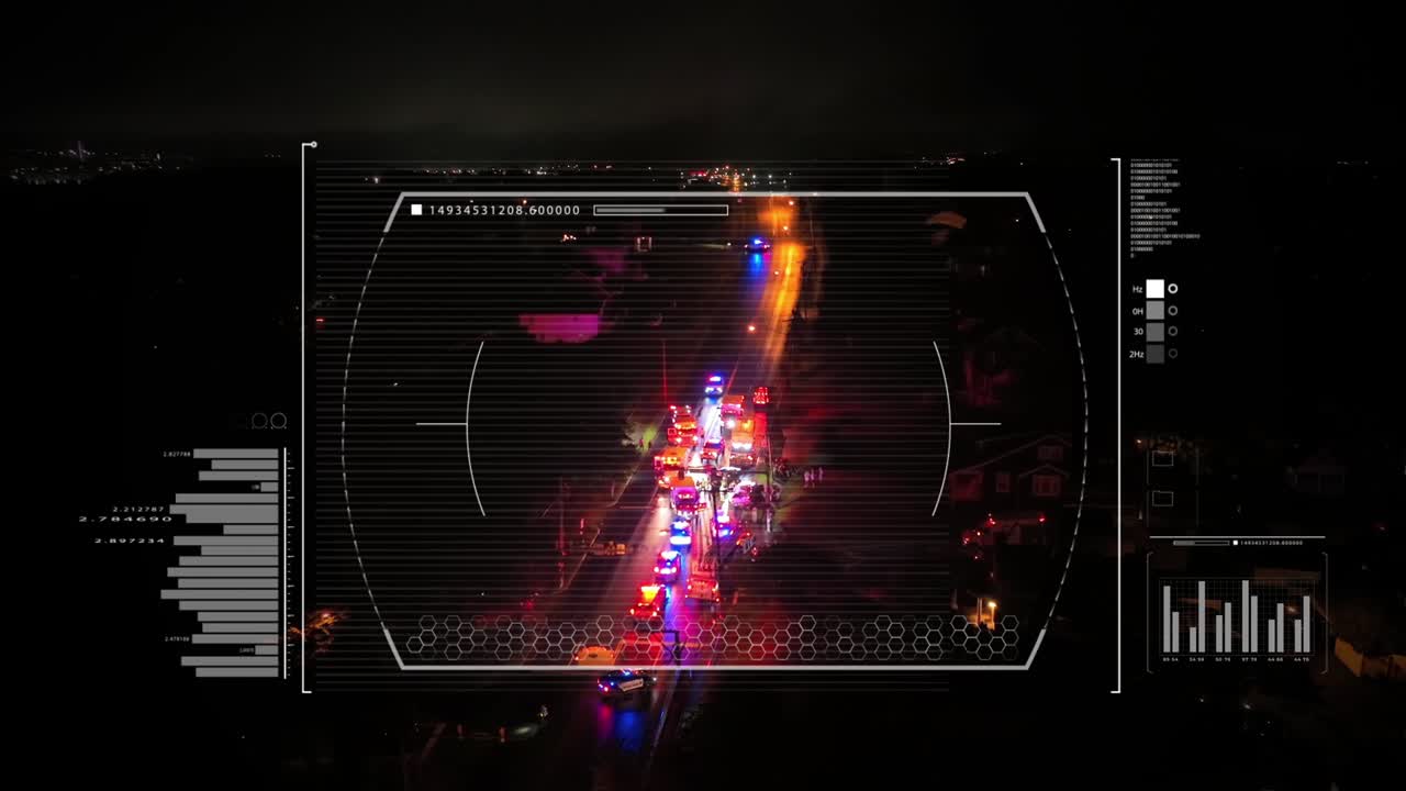 Nighttime footage of an accident scene. Emergency vehicles, flashing lights, and responders. Dramatic urban nighttime atmosphere with police activity. Animation of HUD, data tracking, zoom in