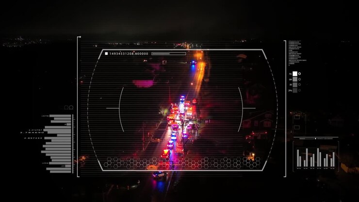 Nighttime footage of an accident scene. Emergency vehicles, flashing lights, and responders. Dramatic urban nighttime atmosphere with police activity. Animation of HUD, data tracking, zoom in