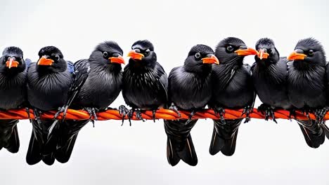 a group of black birds sitting on top of a wire