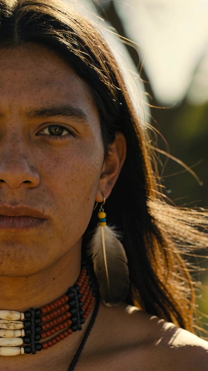 Vertikales Video: Brise hebt Haar und Feder, während indigener Mann draußen Pose hält, Halskette