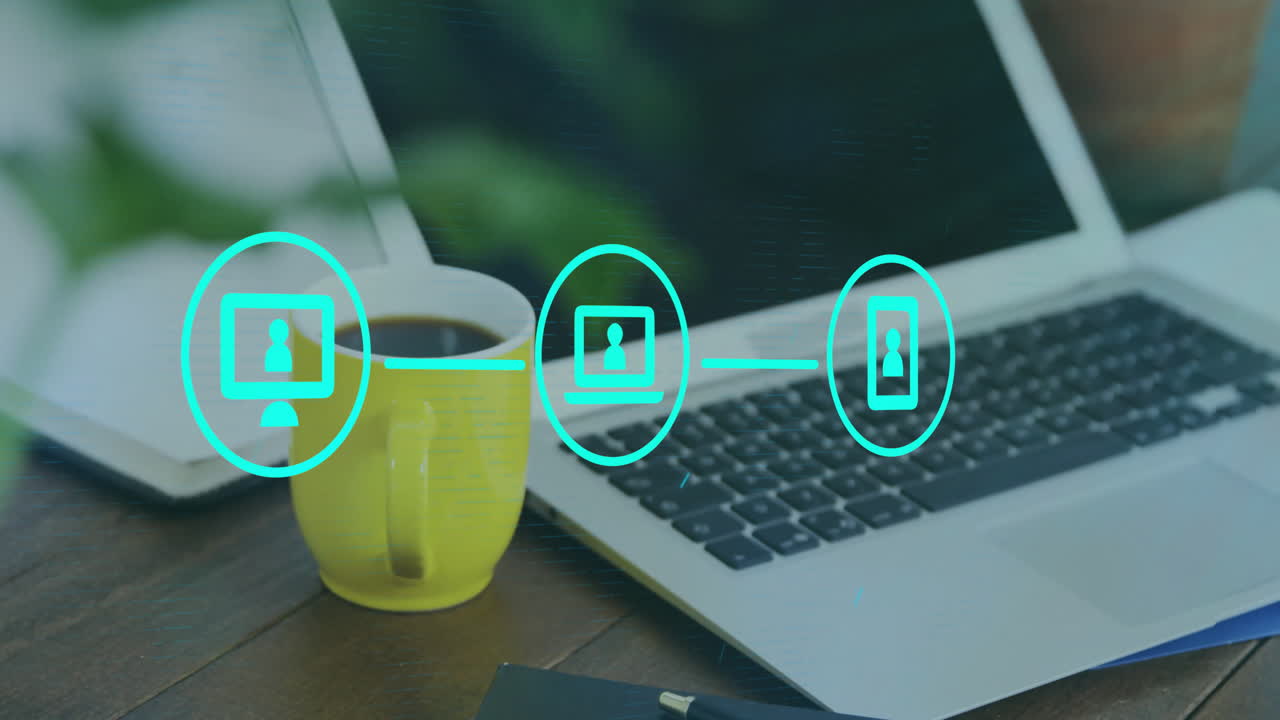 animación de la red de conexiones con iconos sobre la oficina vacía con portátil