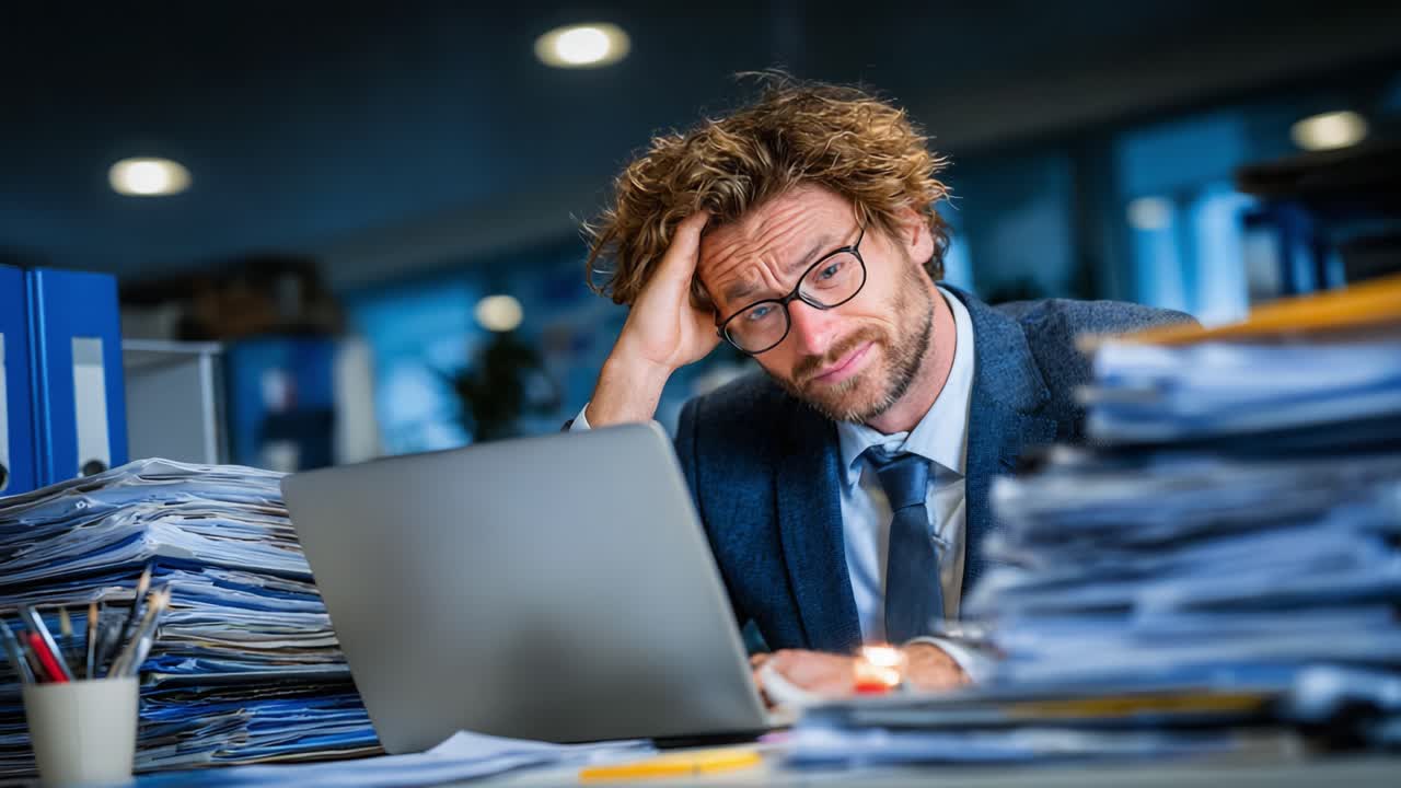 A Stressed Professional Navigates Work Challenges Amidst a Mountain of Paperwork, Seeking Solutions on His Laptop in a Chaotic Office Environment