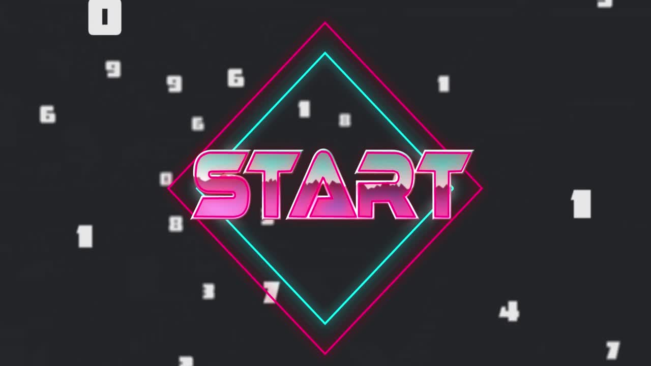 Animation of start text and shapes over numbers on black background