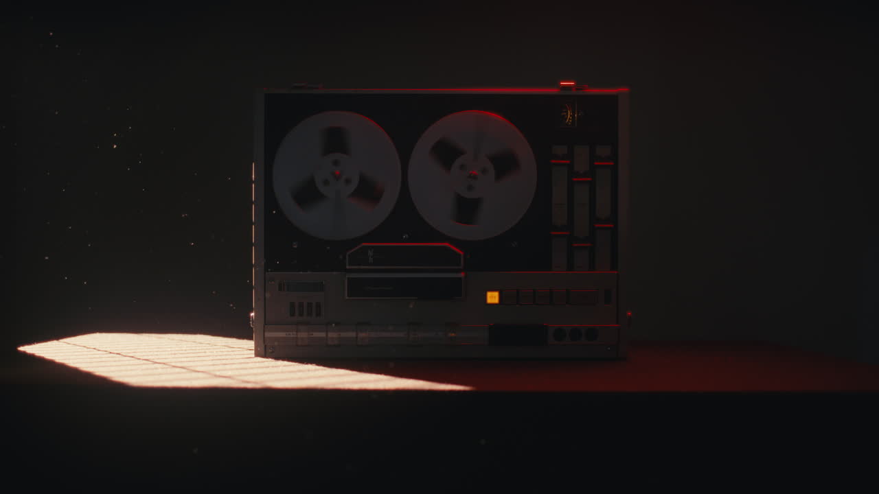 A vintage tape recorder spinning spools in a red blinking light