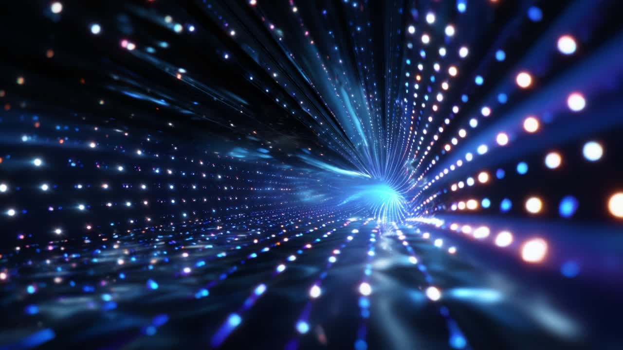 A Mesmerizing Journey Through a Hypnotic Tunnel of Light and Color, Showcasing an Endless Stream of Dazzling Particles and Bright Radiance Emitting from the Center of a Vivid Digital Universe