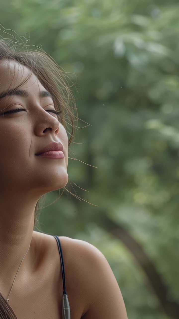 Video verticale: Una donna in top a spalline espira dolcemente, rilassandosi con una fascia per il collo vicino agli alberi, con spazio per il testo.