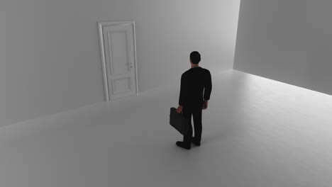 a business man walks through a shine door in a bright room