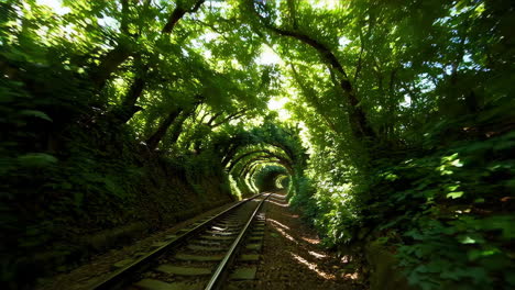 lush green tunnel of trees over a railway track