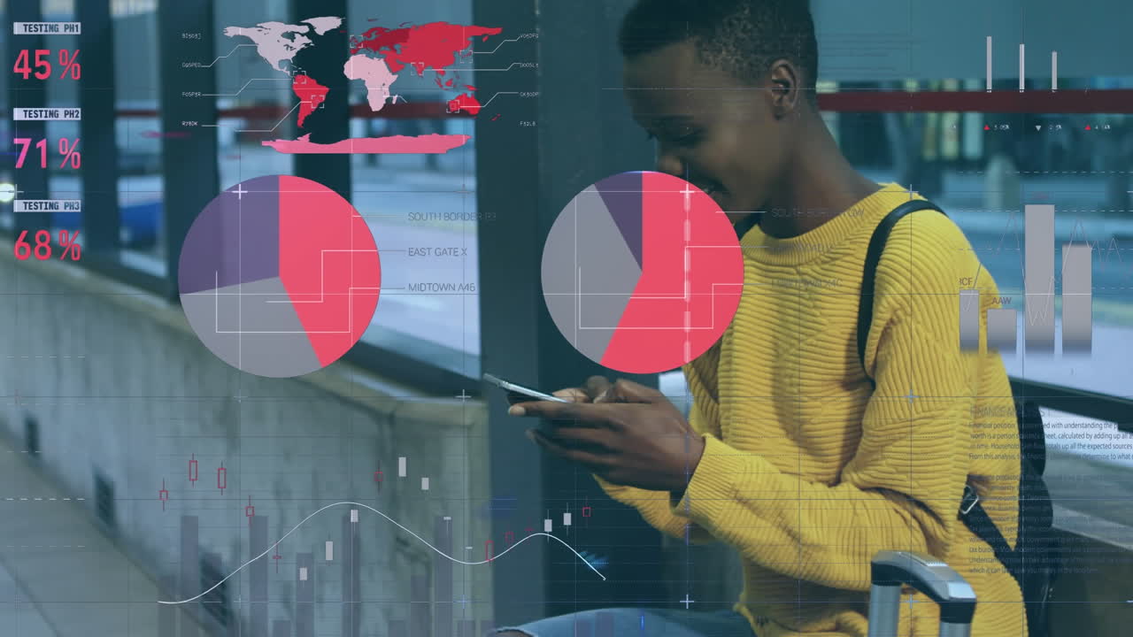 Animation of statistical data processing over happy african american woman using smartphone