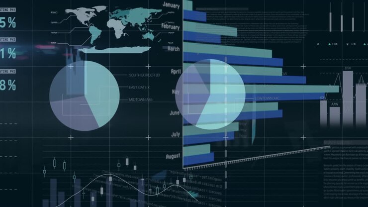 Animazione di elaborazione di dati statistici su rete a griglia su sfondo nero