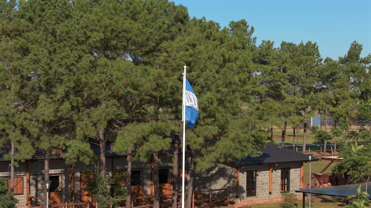 The Argentine flag waving gently in the wind against a clear sky, in rural area