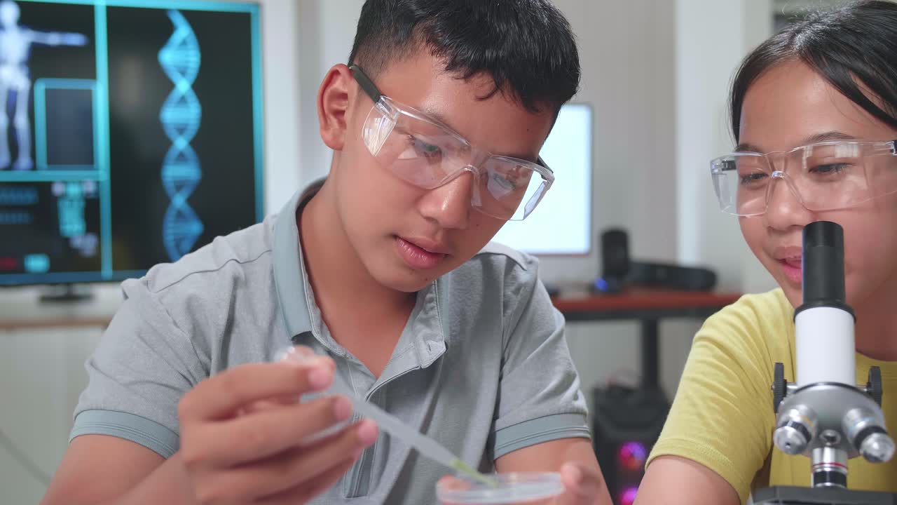 Young Asian Boy And Girl Learning Science Experiment In Laboratory At Classroom. Study With Scientific Equipment And A Microscope