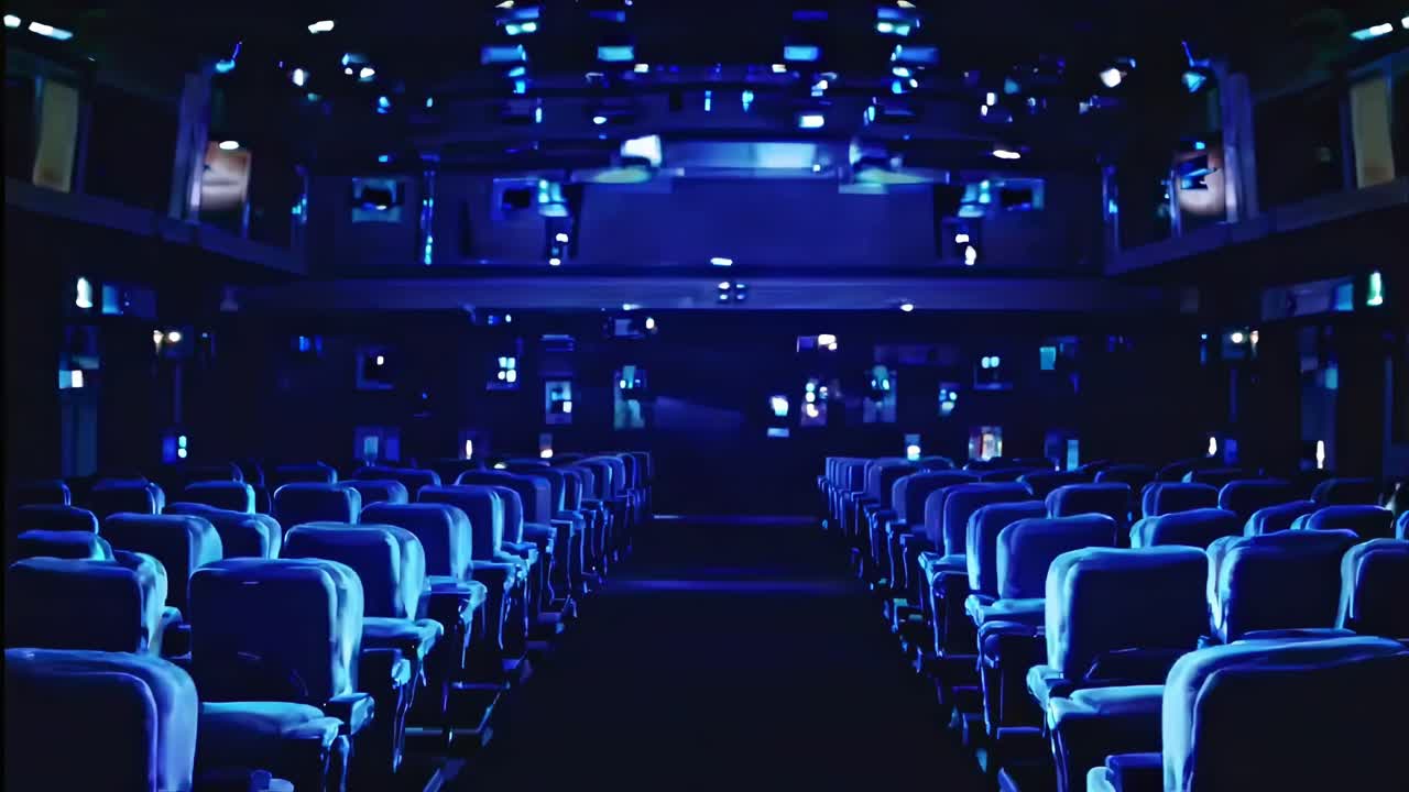 Blue luminescent silhouette emerging within shadowy theater space, representing digital transformation, immersive technology, virtual interaction connecting human experience