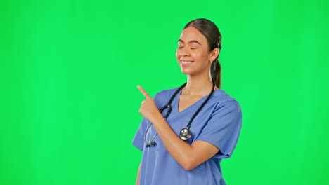 atención médica, pantalla verde y mujer médico señalando