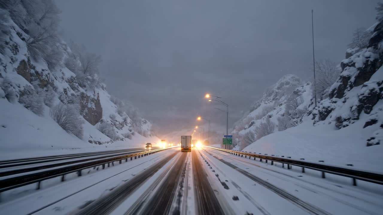 Winter highway traversing snow covered landscape during dusk, white semi truck navigating challenging road conditions with following vehicles moving carefully through cold mountain pass
