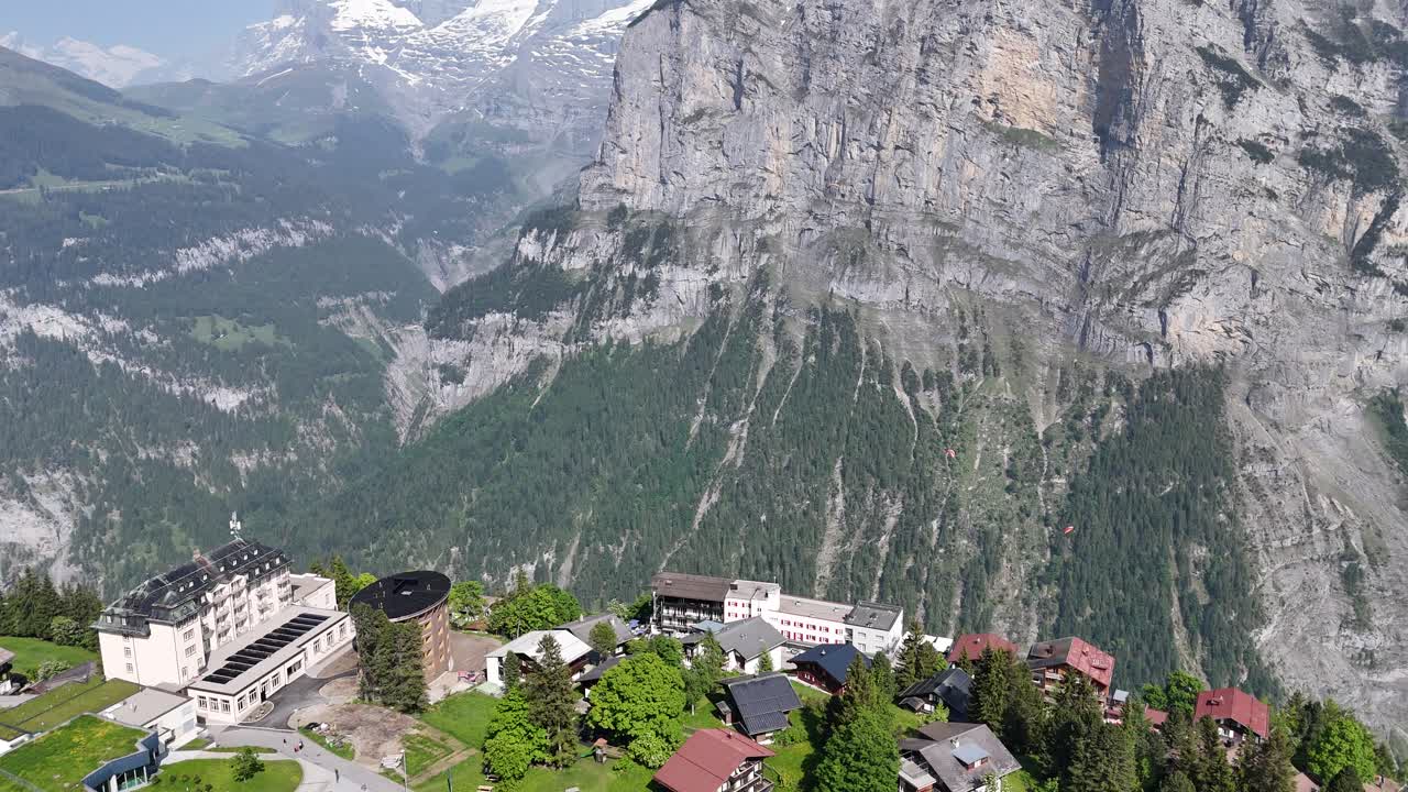 Stunning Mountain Village Murren Switzerland Panning drone aerial