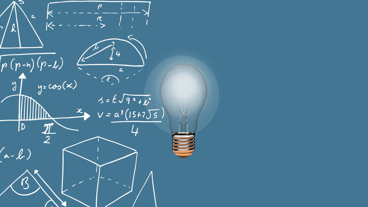 Digital animation of bulb floating against mathematical equations floating on blue background