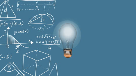 animación digital de la bombilla flotando contra ecuaciones matemáticas flotando sobre un fondo azul