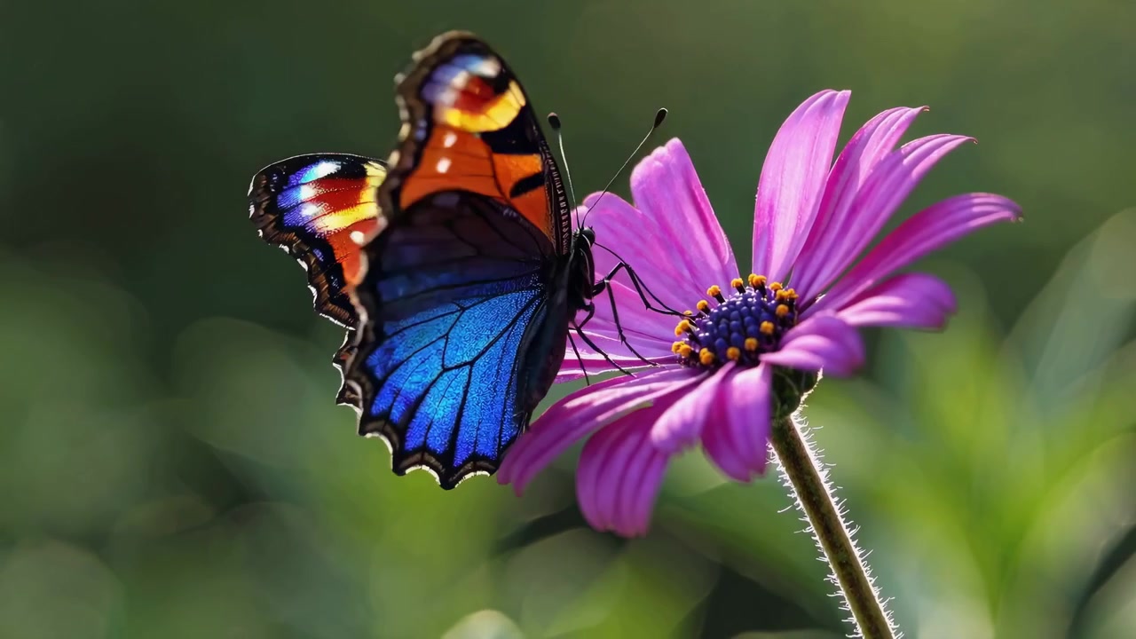 Farfalla vivace posata su un fiore viola