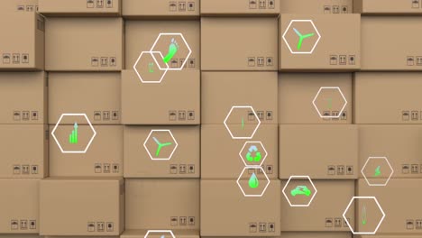 animación de una red de iconos ecológicos y respetuosos con el medio ambiente sobre cajas